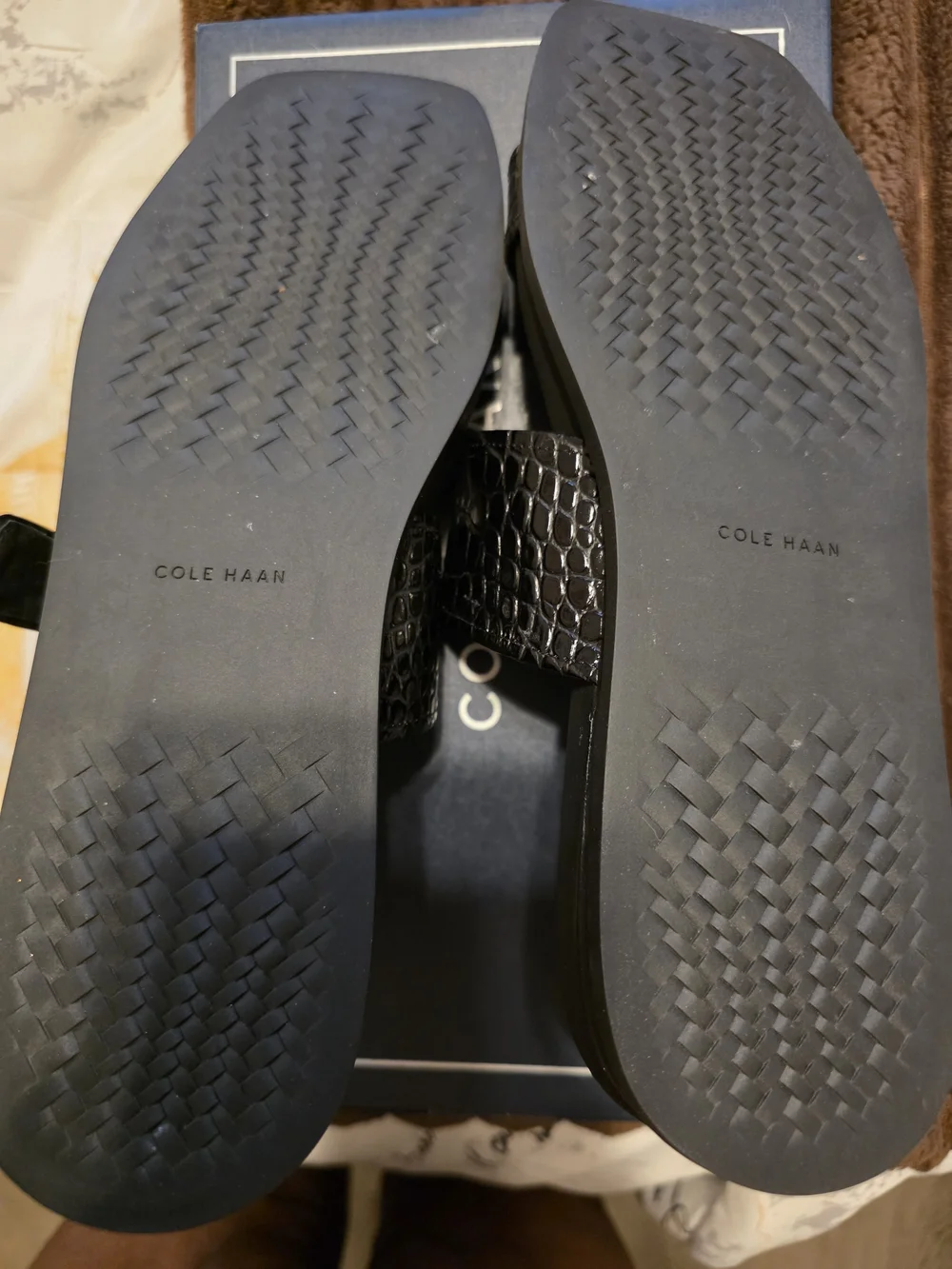 Cole Haan Black Croc-Embossed Double Strap Slide Sandals